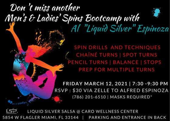 Liquid Silver Salsa Dance School @ Caro Wellness Center 5458 West Flagler Street  Miami, FL 33144 info: 786-201-6510