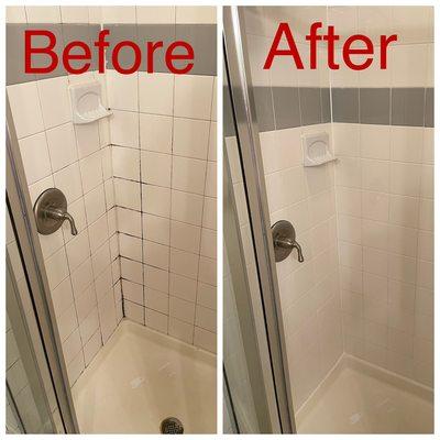 Tile Shower- Cleaning , Color seal grout to original color, grout repair , urethane acrylic caulking around perimeter