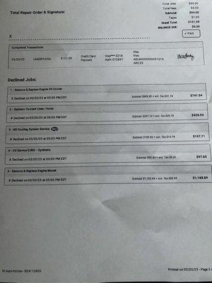 The estimate for repair of my vehicle that I purchased from Infinity October 2022. After only owning the vehicle four months.