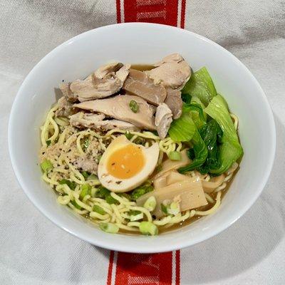 Hebrew Hammer Ramen (Chicken paitan, shoyu, chicken thighs, menma, ajitsuke tamago, bok choy, black garlic.)