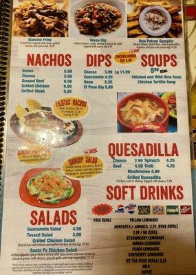 Menu of nachos and drinks