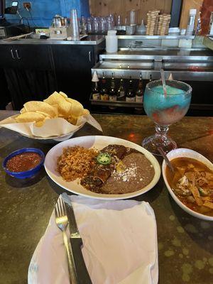 Nachos, chicken tortillas soup, beef enchilada