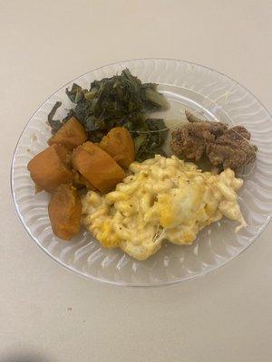 Collard Greens, Baked Mac and Cheese, candied Yams, tiny fried chicken wings