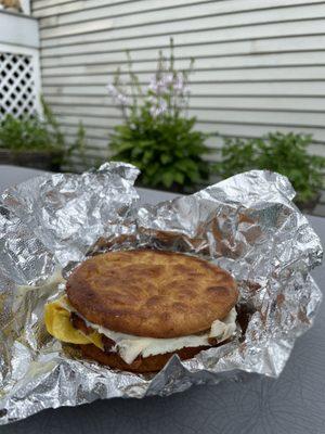 Pancake breakfast sandwich on the patio. Perfect morning!