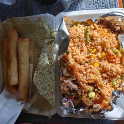 Take out Spicy chicken fried rice and pork filled lumpia. Excellent delicious food. If you need an asian food fix, this is the place.