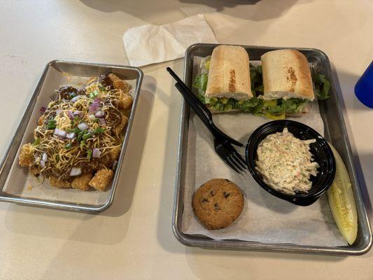 Chili tots and Italian sandwich meal