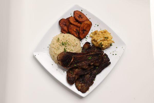 Dibi (Grilled Lamb) Platter with Rice, Plantains, and Grilled Onions