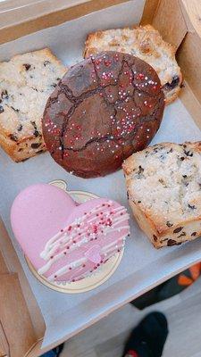 Scones (chocolate chip, lemon blueberry); brownie cookie; Valentine's Day large macaron