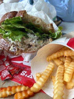 Chicken salad sandwich and crinkle fries