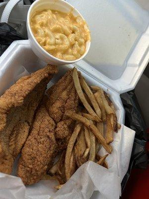 Catfish and fries with Mac and cheese