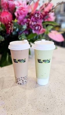 House milk tea with golden boba and avocado smoothie with cheese