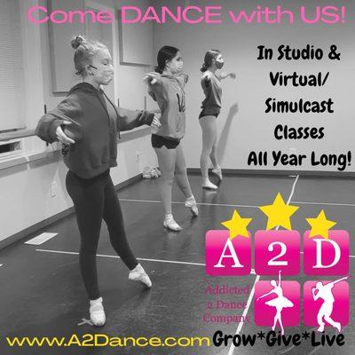 Come DANCE with US!!! Offering all styles of dance, tumble and yoga classes in-studio and virtual/simulcast options all season long.