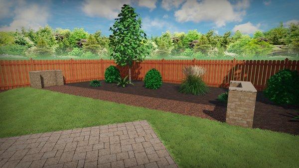 3D horse shoe area, plant installment, natural grass, rock install and paver patio