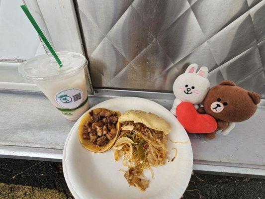 Our breakfast: horchata, pork taco, and vegan bao taco!