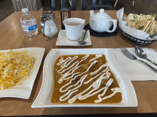 Butter Chicken, Rice, Naan, Black Tea