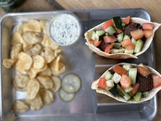 Falafel and pita with chips and pickles