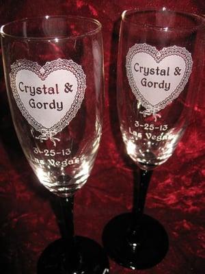 Lace Heart engraved on Champagne Wedding Glasses