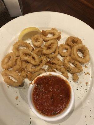 Calamari appetizer.  All ringlets and no tentacles with marinara dipping sauce.