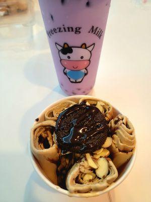 Coffee ice cream with almonds and oreo with chocolate syrup!  so good!