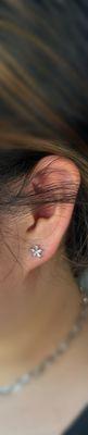 Perfectly pierced ear lobe, no redness, no swelling, no nothing