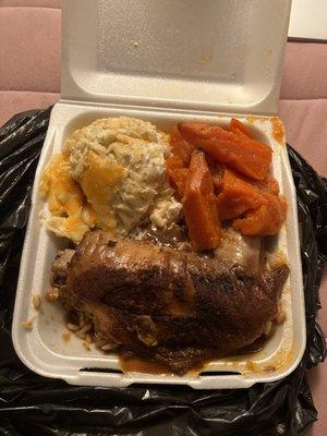 Baked Turkey Wing Dinner Rice and Gravy Macaroni & cheese Yams