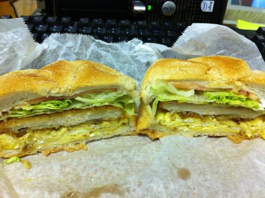 Fried chicken sandwich with egg, $4.25