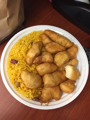 Sweet and sour chicken pork fried rice lunch special. No veggies. Must say by far the best Chinese I've had in Monmouth County.