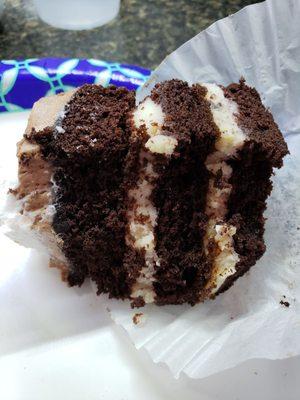 Dry chocolate cake. You can see the color of the cake soaking into the filling.