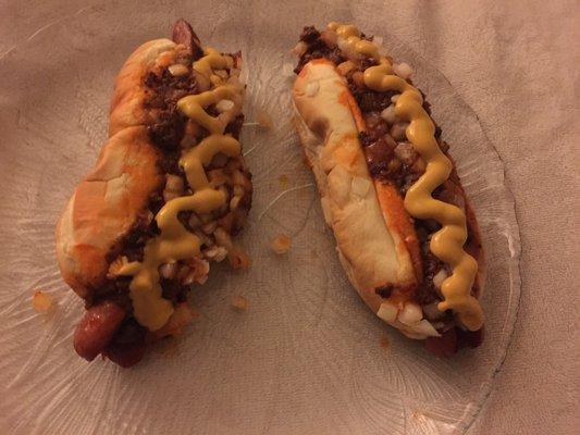 Delicious Chili Dogs with Onions and Mustard.  Yuuummm!