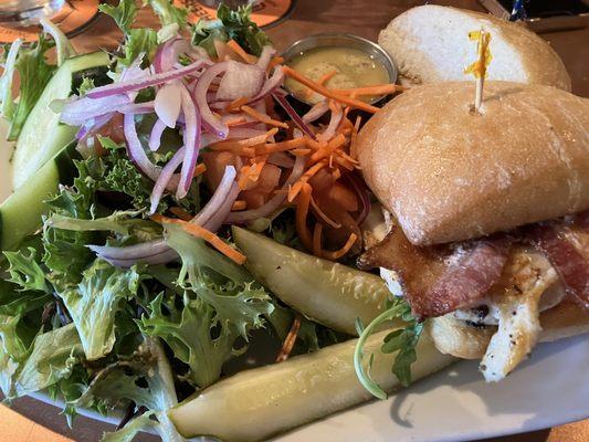 Chicken Club was tasty and came with a hearty side salad.