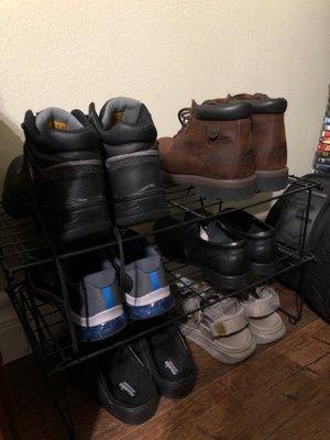 3 new pairs of dress shoes, hiking sandals, and slippers.