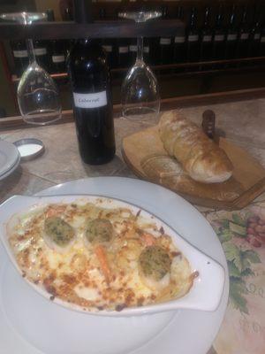 Fettuccini with stuff shrimp and homemade Cabernet wine