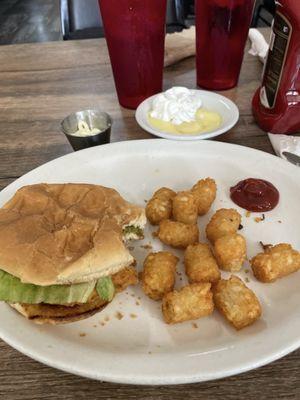 Chicken sandwich and taters