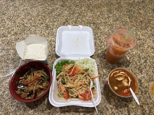 Papaya salad, Kra Pao, Tom Yum, Thai Iced Tea.  seriously so good!