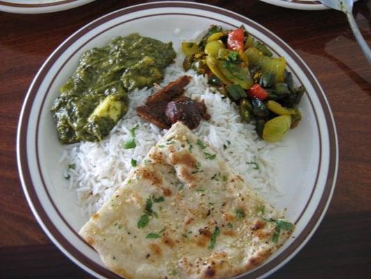 Palak Paneer, Bhindi Masala, Garlic Naan, Basmati Rice, Mango Pickle