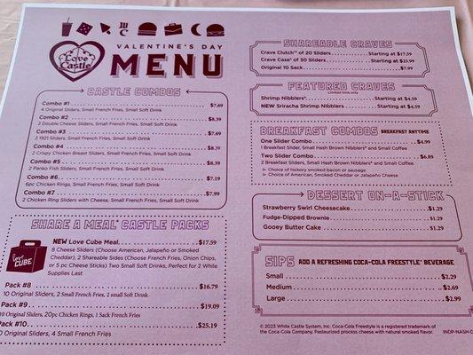 Valentines menu 2023