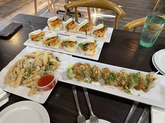 Vegan meal, Hot Damn Tofu Taco, no spice tofu taco for the kids, faux calamari with trumpet/oyster mushroom, vegan lover roll.