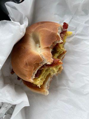 Bacon, egg and cheese on a plain bagel