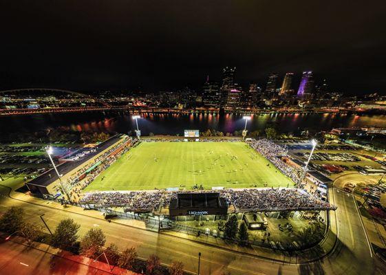 Highmark Stadium at night during a Pittsburgh Riverhounds SC game