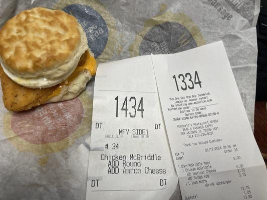 Asked for folded egg, order seems put in as folded then for some reason changed to round? Also funny looking McGriddle.