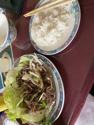 Spicy beef larb. Most rotten smelling dish I've had in a long time but it's actually good.