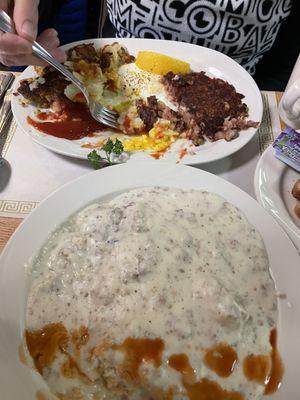 Biscuits and gravy and corn beef and hash