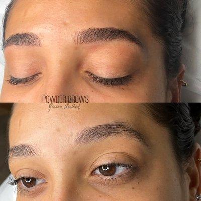 Before and after combo brows - microblading strokes in front and the rest powder