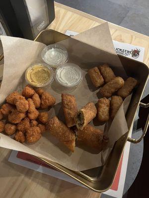 Sampler trio (boudain eggrolls, mac bites, califlour bites)