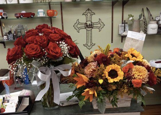 Custom 2 dozen Roses and shoebox sized fall table center piece, added vase and ribbon