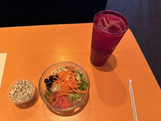 Fresh garden salad and iced tea. I splurged 75 cents with reckless abandon for Blue Cheese dressing.