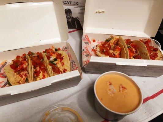 Lobster tacos corn (L) flour (R) lobster bisque