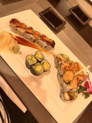 Sweet Potato Roll, Avocado Roll, and Chicken Tempura Roll