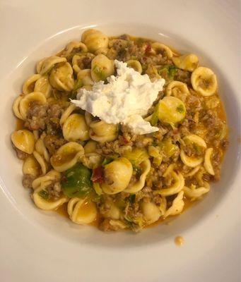 Orecchiette with sausage and Brussels sprouts.