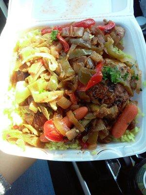 Chicken thighs and vegetables, with two meat pies and rice for $10! Huge portion...can feed three!